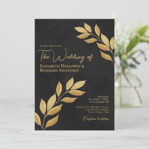 Wistful Leaves Elegant Chic Black & Gold Wedding Kaart