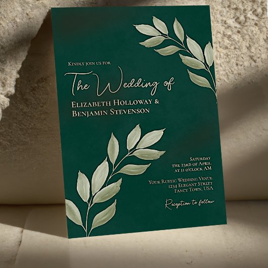 Wistful Leaves Elegant Chic Emerald Green Wedding Kaart