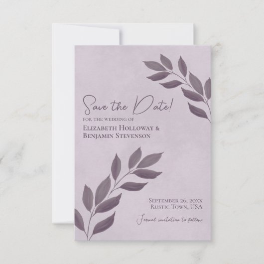 Wistful Leaves Elegant Dusty Paars Wedding Save The Date