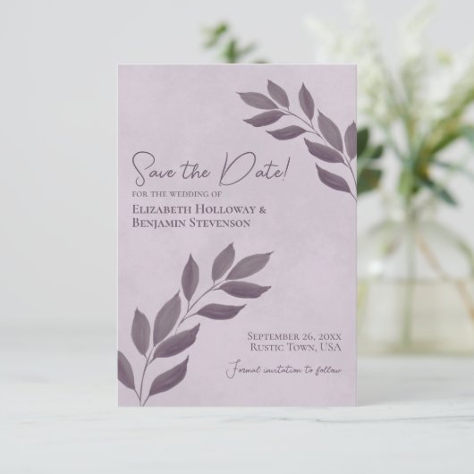Wistful Leaves Elegant Dusty Paars Wedding Save The Date (Staand voorkant)