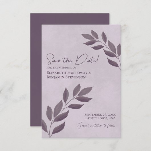 Wistful Leaves Elegant Dusty Paars Wedding Save The Date (Voorkant / Achterkant)