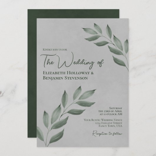 Wistful Leaves Elegant Forest Green & Gray Wedding Kaart (Voorkant / Achterkant)