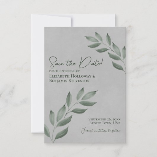 Wistful Leaves Elegant Forest Green & Gray Wedding Save The Date (Voorkant)