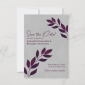 Wistful Leaves Elegant Magenta on Gray Wedding Save The Date (Voorkant)