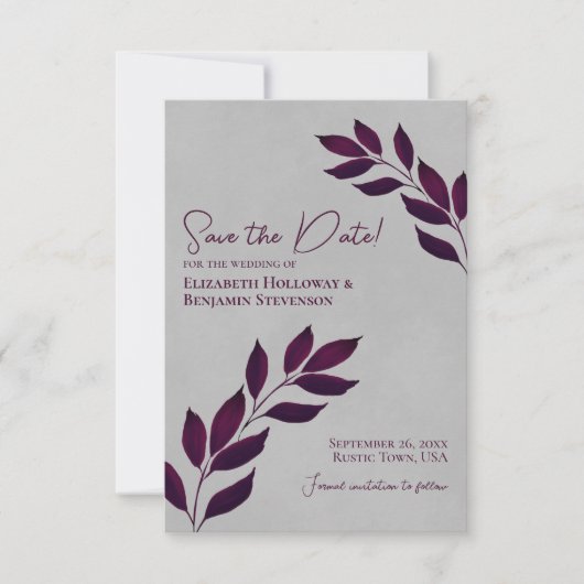 Wistful Leaves Elegant Magenta on Gray Wedding Save The Date (Voorkant)