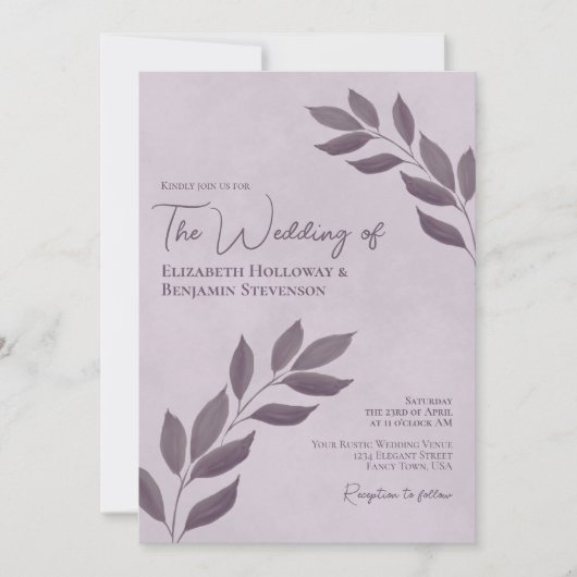 Wistful Leaves Elegant Modern Dusty Purple Wedding Kaart (Voorkant)