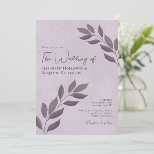 Wistful Leaves Elegant Modern Dusty Purple Wedding Kaart (Staand voorkant)