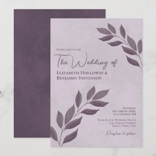Wistful Leaves Elegant Modern Dusty Purple Wedding Kaart (Voorkant / Achterkant)