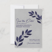 Wistful Leaves Elegant Navy Blue op Gray Weddensch Save The Date (Voorkant)