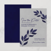 Wistful Leaves Elegant Navy Blue op Gray Weddensch Save The Date (Voorkant / Achterkant)