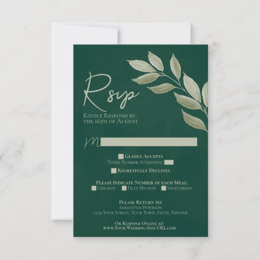 Wistful Leaves Emerald Green Waterverf Wedding RSVP Kaartje (Voorkant)