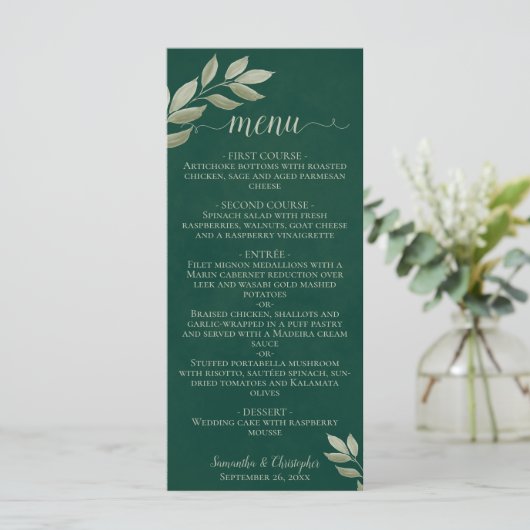 Wistful Leaves Emerald & Sage Green Wedding Menu (Staand voorkant)