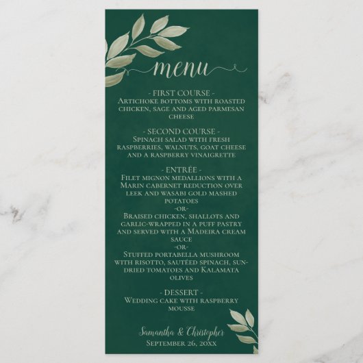 Wistful Leaves Emerald & Sage Green Wedding Menu (Voorkant)