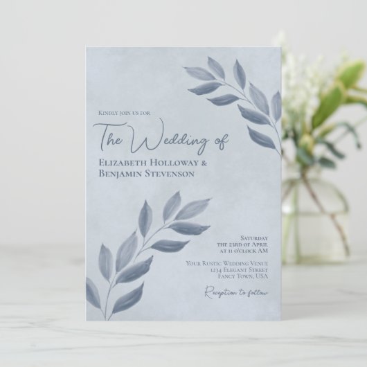 Wistful Leaves Modern Elegant Dusty Blue Wedding Kaart (Staand voorkant)
