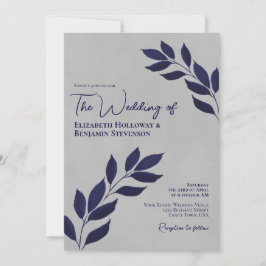 Wistful Leaves Modern Elegant Navy & Gray Wedding Kaart