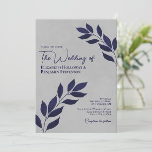 Wistful Leaves Modern Elegant Navy & Gray Wedding Kaart