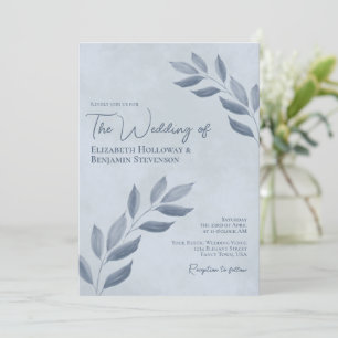 Wistful Leaves Modern Elegant Stofblauw Bruiloft Kaart