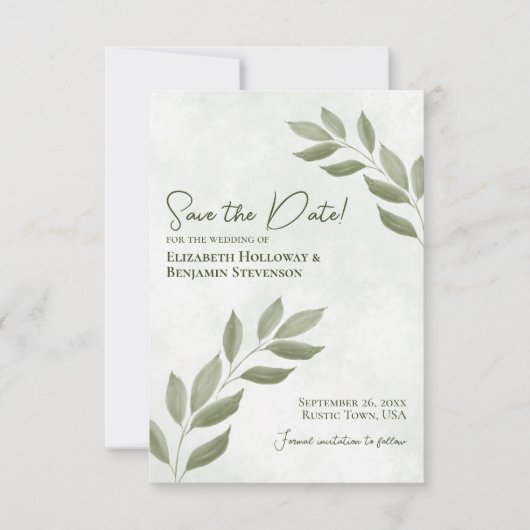Wistful Leaves Modern Minimal Sage Green Wedding Save The Date (Voorkant)