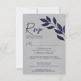 Wistful Leaves Navy Blue & Grey Waterverf Wedding RSVP Kaartje