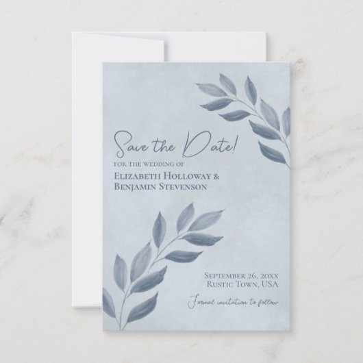 Wistful Leaves Rustic Dusty Blue Wedding Save The Date (Voorkant)