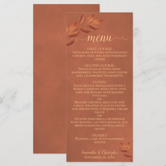 Wistful Leaves Rustic Terracotta Wedding Menu (Voorkant / Achterkant)