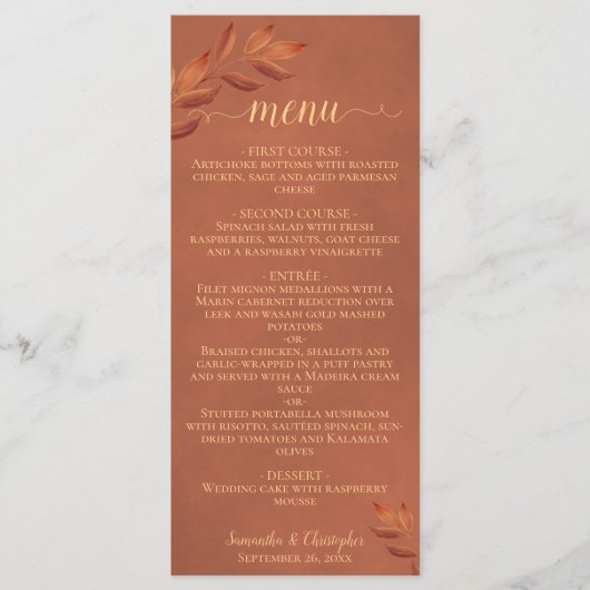 Wistful Leaves Rustic Terracotta Wedding Menu (Voorkant)