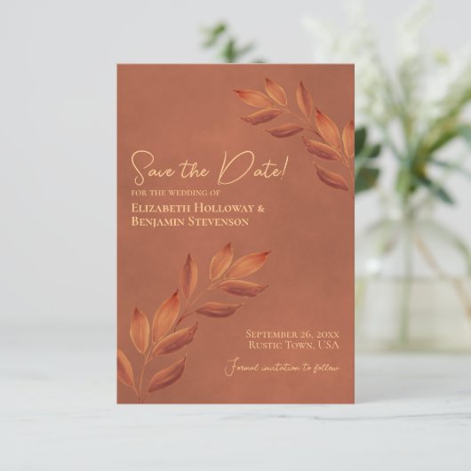 Wistful Leaves Rustic Terracotta Wedding Save The Date (Staand voorkant)