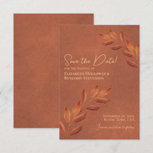 Wistful Leaves Rustic Terracotta Wedding Save The Date (Voorkant / Achterkant)