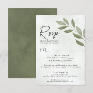 Wistful Leaves Sage Green Modern Chic Wedding RSVP Kaartje
