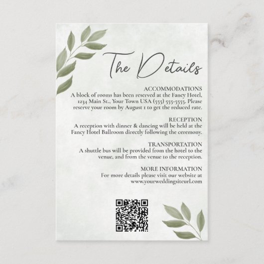 Wistful Leaves Sage Groene Bruiloft Details QR Cod Informatiekaartje (Voorkant)