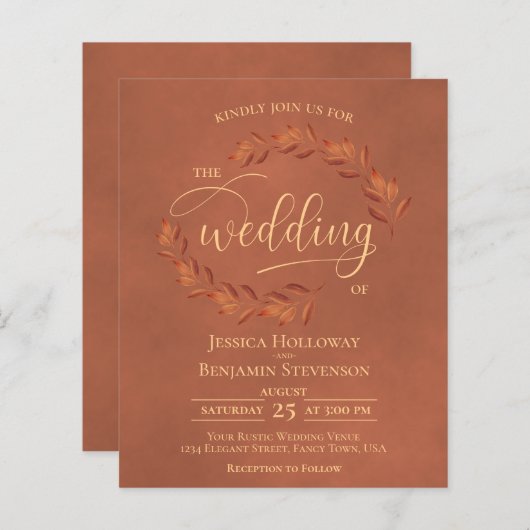 Wistful Leaves Terracotta BUDGET Wedding Invite (Voorkant / Achterkant)
