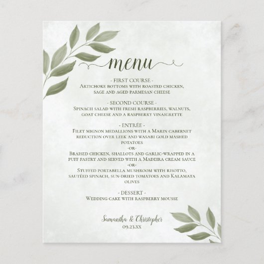 Wistful Sage Green Leaves Budget Weduwmenu (Voorkant)