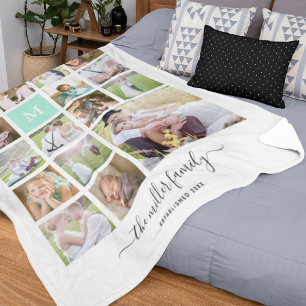 Wit 16 Photo Collage Monogram Naam Kalligrafie Fleece Deken