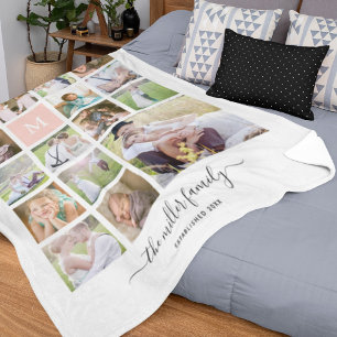 Wit 16 Photo Collage Monogram Naam Kalligrafie Fleece Deken
