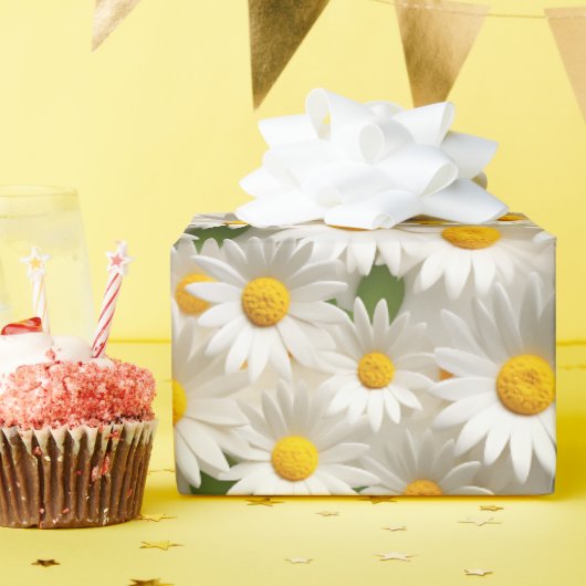 Wit 3D Daisy Naadloos Patroon Cadeaupapier (Verjaardagsfeest)