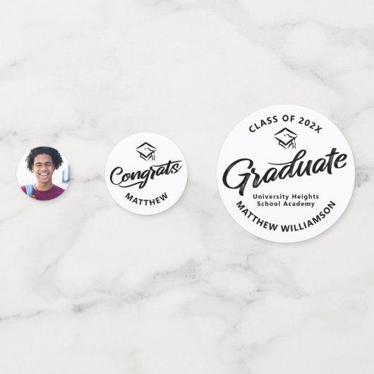 Wit Afstuderen 3 Foto Bold Zwart Script Pet Confetti (Voorkanten)