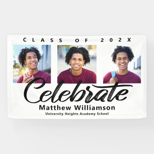 Wit Afstuderen 3 Foto vet Zwart Script Minimaal Spandoek (Horizontaal)