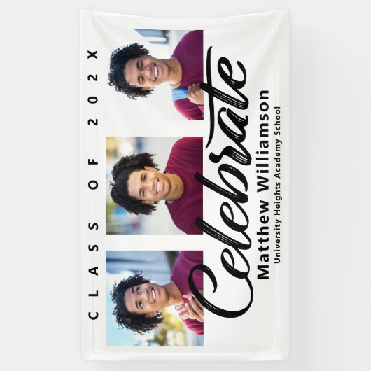 Wit Afstuderen 3 Foto vet Zwart Script Minimaal Spandoek (Verticaal)