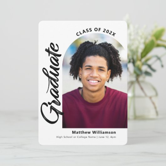 Wit Afstuderen 4 Foto Bold Arch Script Modern Aankondiging (Staand voorkant)