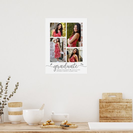 Wit Afstuderen 4 Foto Grijs Script Hearts Girly Poster (Keuken)