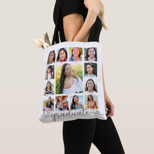 Wit Afstuderen K-12 Script Photo Collage Modern Tote Bag (Dichtbij)