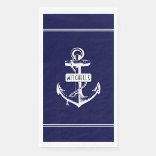 Wit anker, lijnen en naam op marineblauw nautisch servet