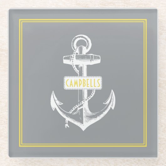 Wit  anker, lijst met naam grijs geel glazen onderzetter (Voorkant)