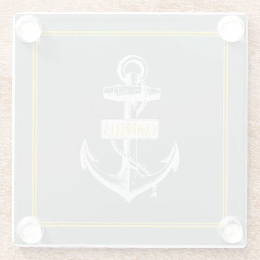Wit  anker, lijst met naam grijs geel glazen onderzetter (Achterkant)