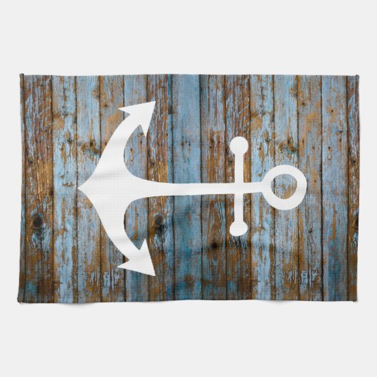 wit anker op hout theedoek (Horizontaal)