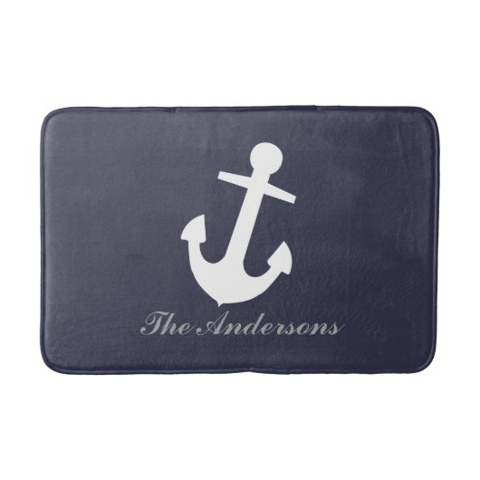 Wit anker op marineblauw, gepersonaliseerd maritie badmat (Voorkant)