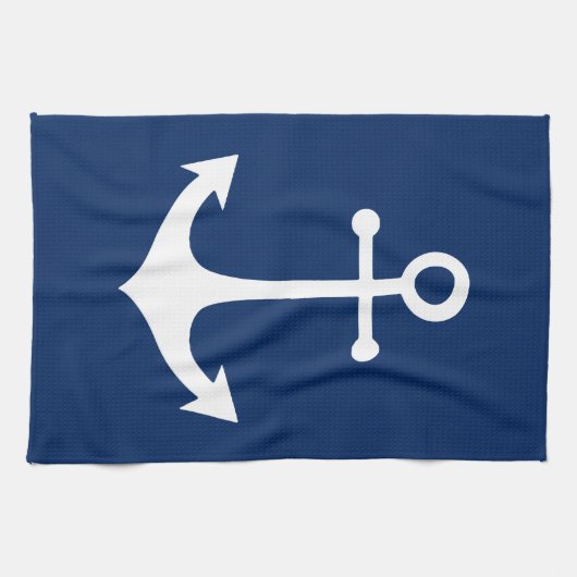 wit anker op marineblauw theedoek (Horizontaal)