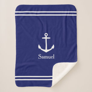 Wit anker op Navy Blue gepersonaliseerd Sherpa Deken