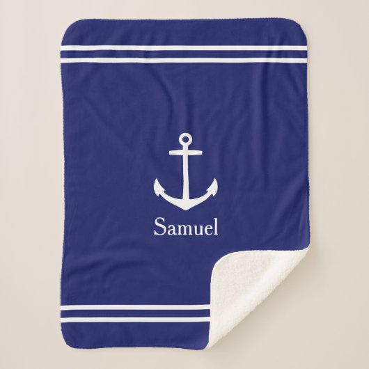 Wit anker op Navy Blue gepersonaliseerd Sherpa Deken (Voorkant)