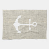 Wit anker op rustieke faux grijze jute textuur theedoek (Horizontaal)